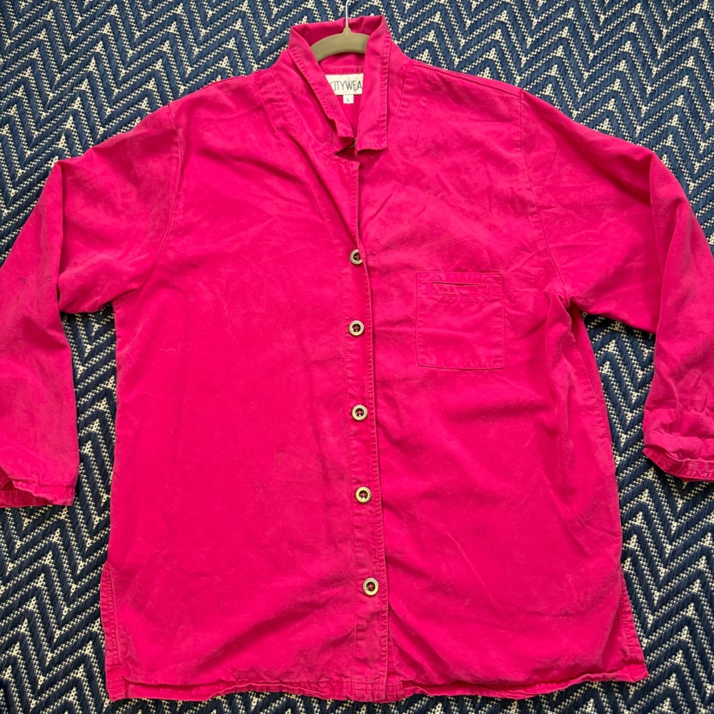 Citywear Button Down Shirt Womens Large Fuchsia Pink Tencel Lyocell Long Sleeve